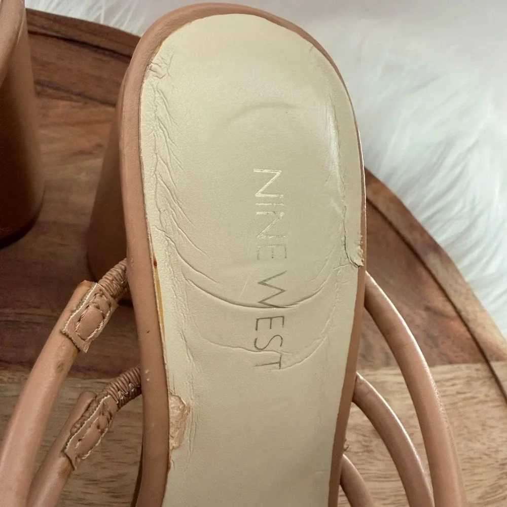 Nine West Tan Strappy Block Heel Square Toe Sandals Mules Womens 7.5M
